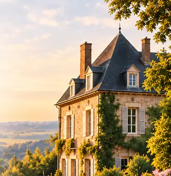 Manoir en pierre au coucher du soleil