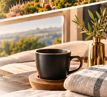 Tasse de café sur une terrasse face au manoir